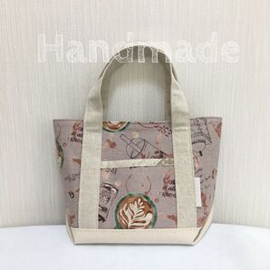 カフェ柄ミニトートバッグ(生成り/薄紫)*ハンドメイド