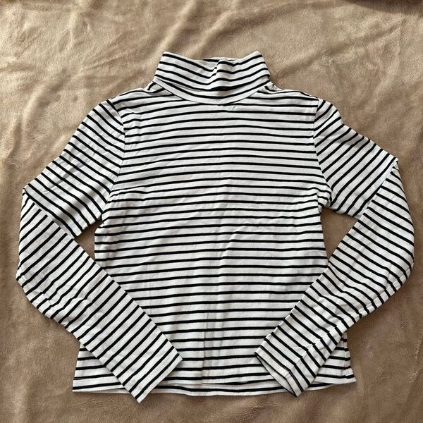 長袖 タートルネックtシャツ 長袖Tシャツ カットソー ボーダー ブラック×ホワイト ティティアンドコー Sサイズ