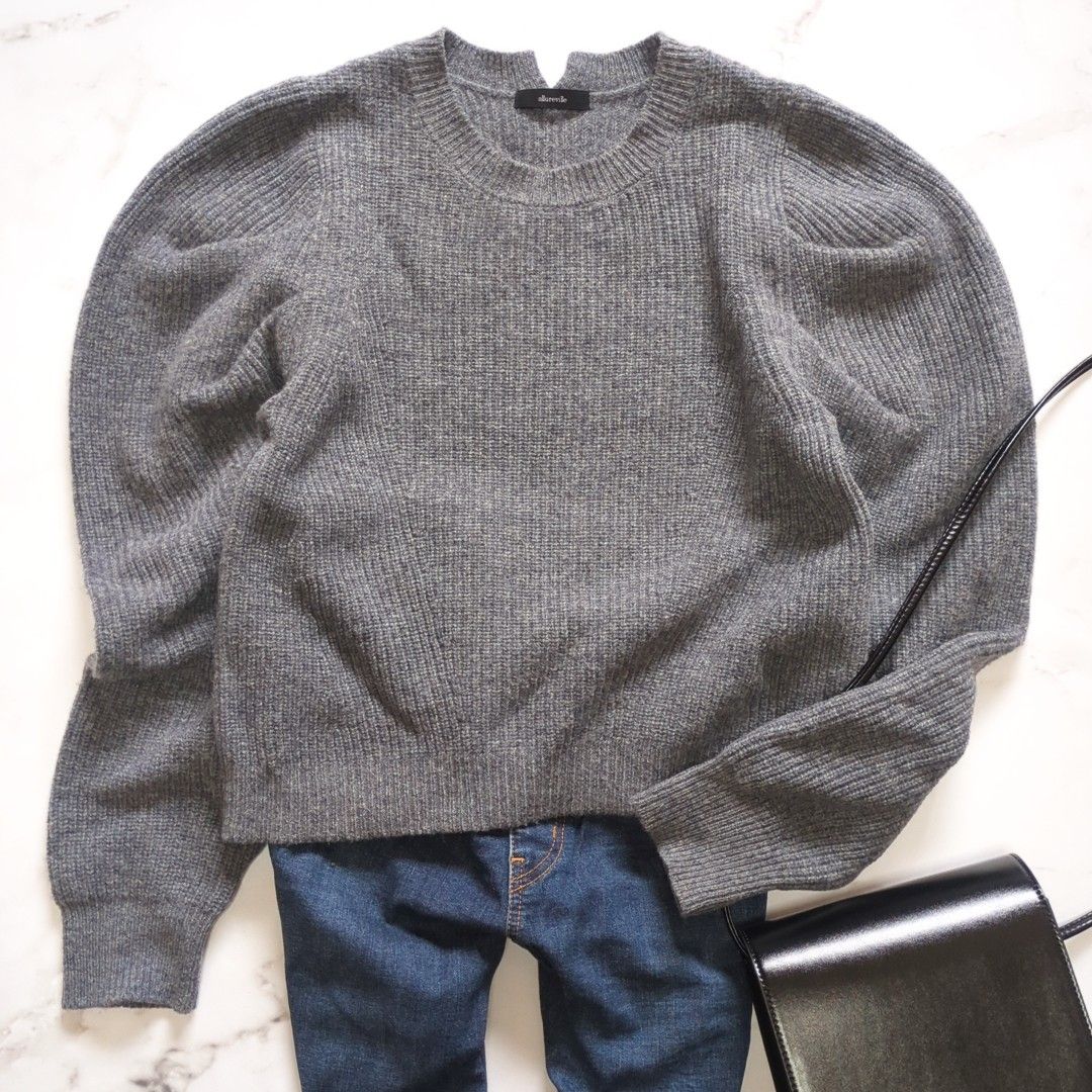 アルアバイル allureville ウール100％ タックスリーブ リブ ニット パワーショルダー M セーター 長袖 グレー