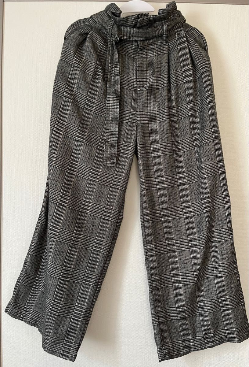 グレンチェックワイドパンツ グレー Mサイズ ウエストリボン　