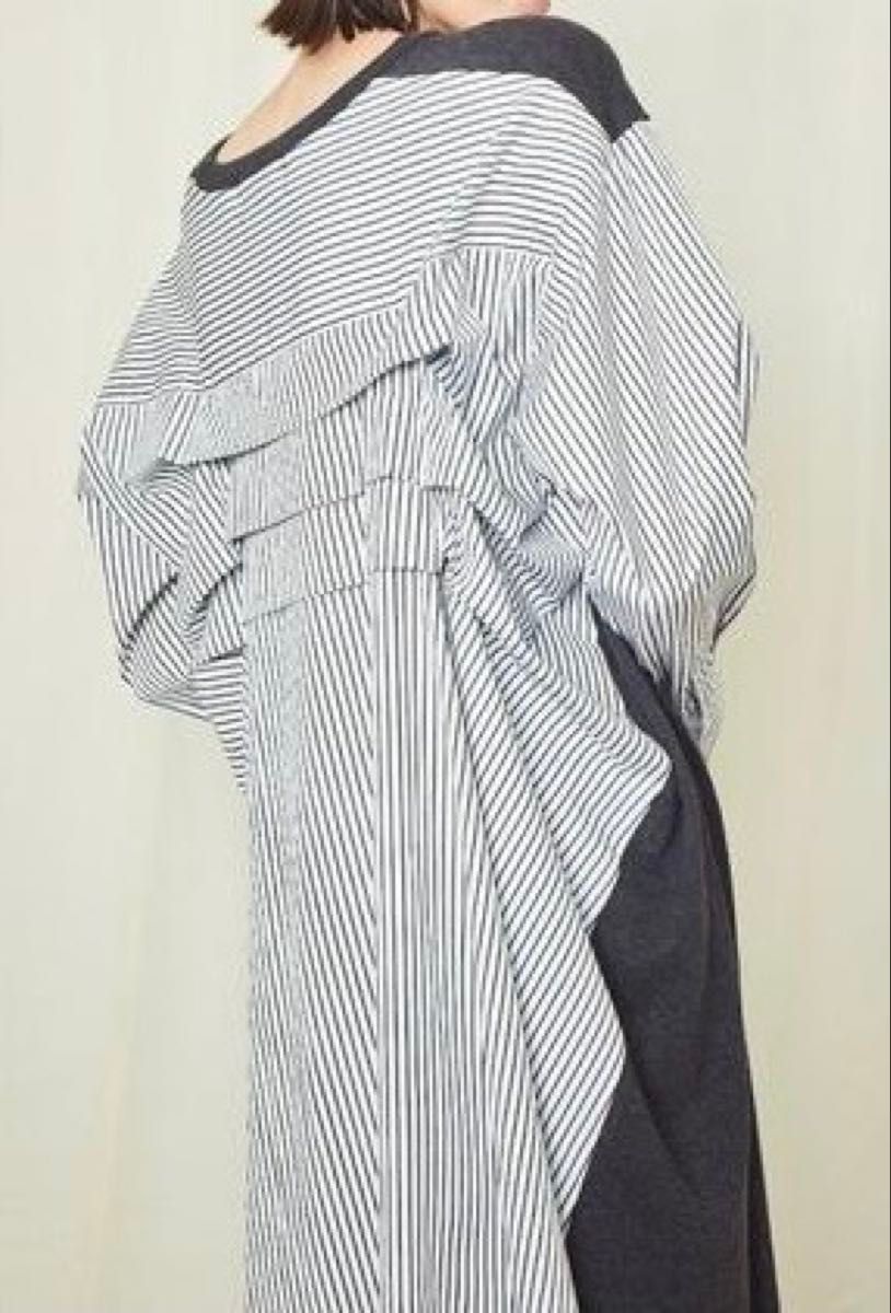 良品 gomme ゴム バックタックワンピース 異素材切り替え ニット M 長袖 グレー ストライプ ボーダー アシンメトリー