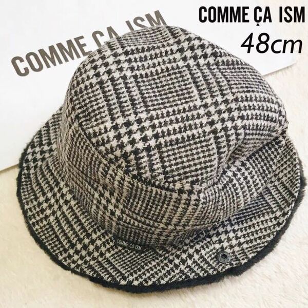 ■送料込み■即決■ 新品タグ COMME CA ISM コムサ 48cm フェイクファー ボア もこもこ ベビー 帽子 ハット グレンチェック 白黒 2WAY 冬物