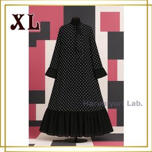 ♪新品♪ レディースワンピース ロングワンピース ゆったり ドット 長袖 XL ブラック ミモレ丈 体型カバー 大きい