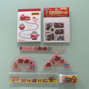 消防士 消防車 文房具 7点セット シール メモ帳 消しゴム 定規