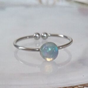 S 天然 オパール ステンレス リング シルバー カラー サージカル316 ハンドメイド 10月誕生石