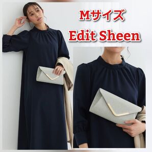 エディットシーン ギャザーカフスAラインワンピース ネイビー オケージョン