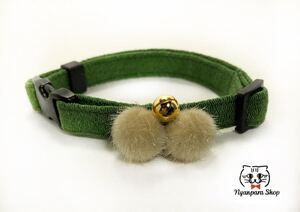 猫首輪 ハンドメイド にゃんたま首輪 緑 ちりめん生地