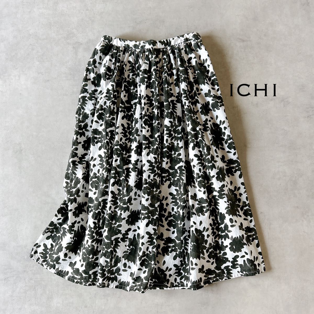 ichi イチ　コットン　水墨画　フレアロングスカート　バックゴム　ウエスト紐