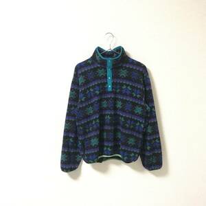 90s USA製★LL BEAN エルエルビーン★スナップ フリース 総柄 ジャケット トップス ハーフボタン size KIDS XL 管:A:10