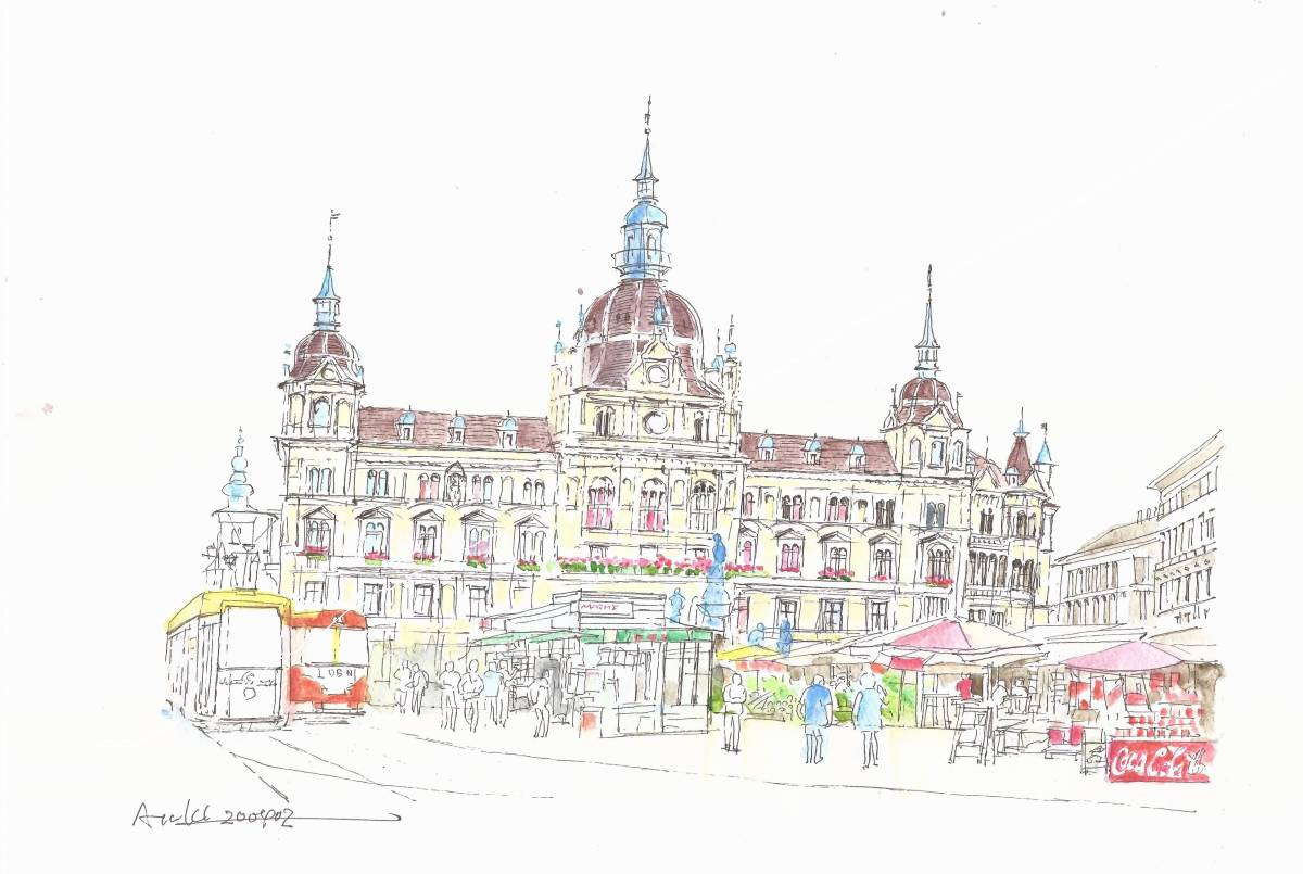 Paysage urbain du patrimoine mondial : Autriche, Hôtel de ville de Graz B, Papier à dessin F4, Aquarelle originale, Peinture, aquarelle, Nature, Peinture de paysage