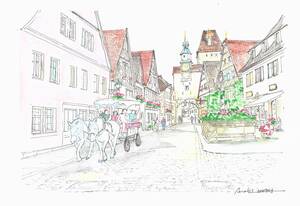 ヨーロッパの街並み・ヨーロッパの街並み・ドイツ・ローテンブルグ　D・F4画用紙・水彩画原画