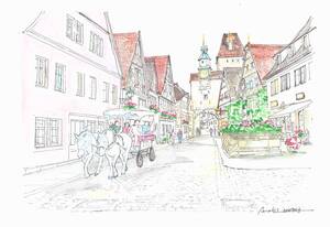 Art hand Auction Paysage urbain européen/Paysage urbain européen/Rothenburg, Allemagne D/F4 papier à dessin/aquarelle peinture originale, peinture, aquarelle, Nature, Peinture de paysage