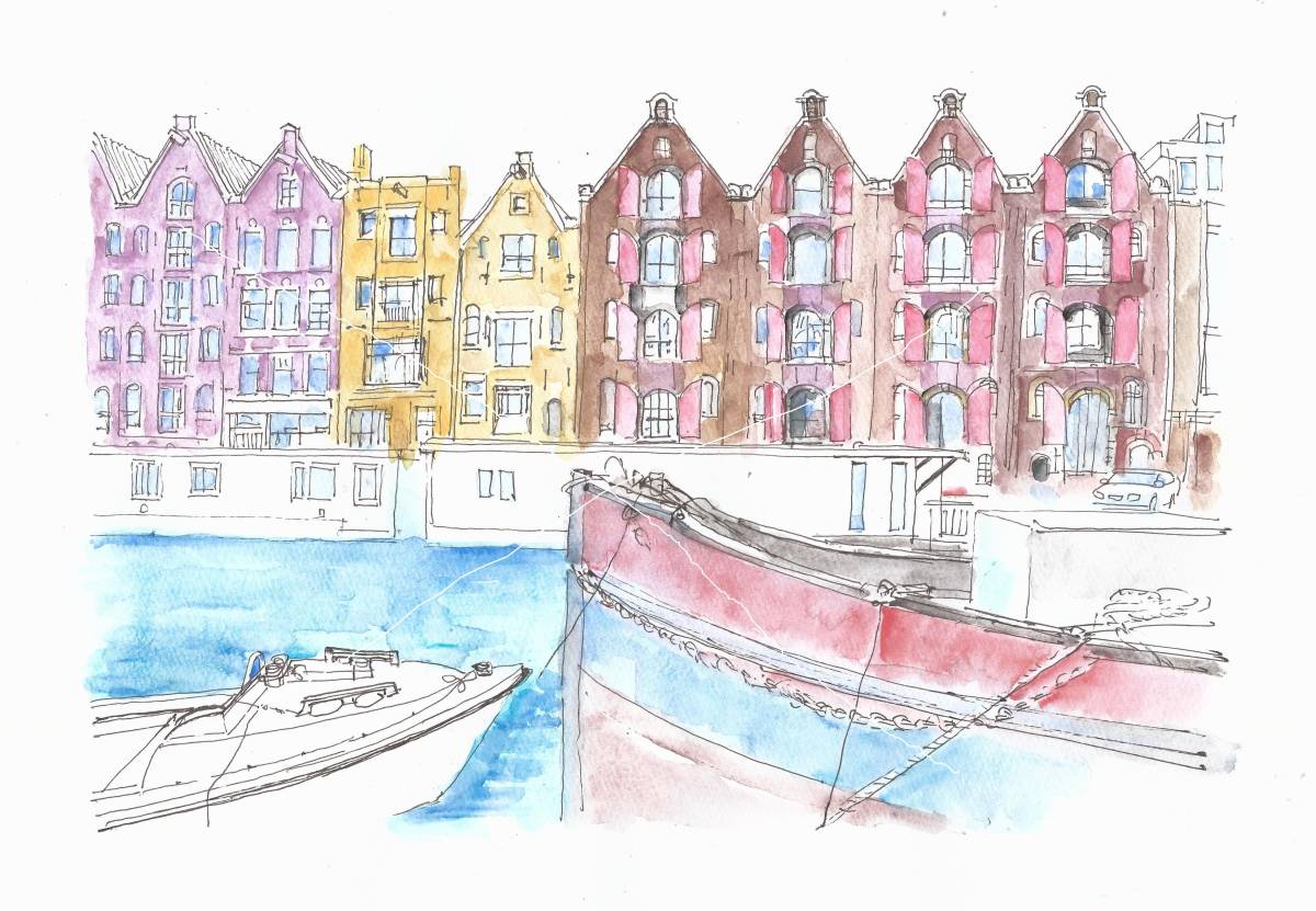 विश्व धरोहर शहर का दृश्य, एम्स्टर्डम में 17वीं सदी की नहर, नीदरलैंड, F4 ड्राइंग पेपर, मूल जल रंग पेंटिंग, चित्रकारी, आबरंग, प्रकृति, परिदृश्य चित्रकला