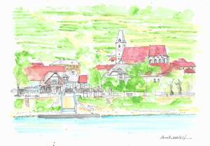 Art hand Auction World Heritage Cityscape/Village in the Bachau Valley, Austria A/F4 drawing paper/Original watercolor painting, painting, watercolor, Nature, Landscape painting