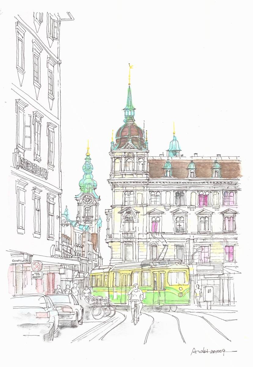 World Heritage Streetscape, Alley of Graz, Austria, B, F4 Drawing Paper, Original Watercolor Painting, Painting, watercolor, Nature, Landscape painting