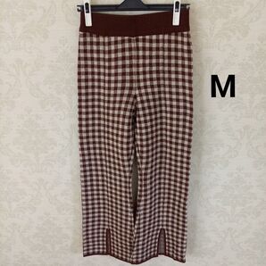 しまむら Helm ヘルム ニットチェックカジュアルパンツ ブラウン M