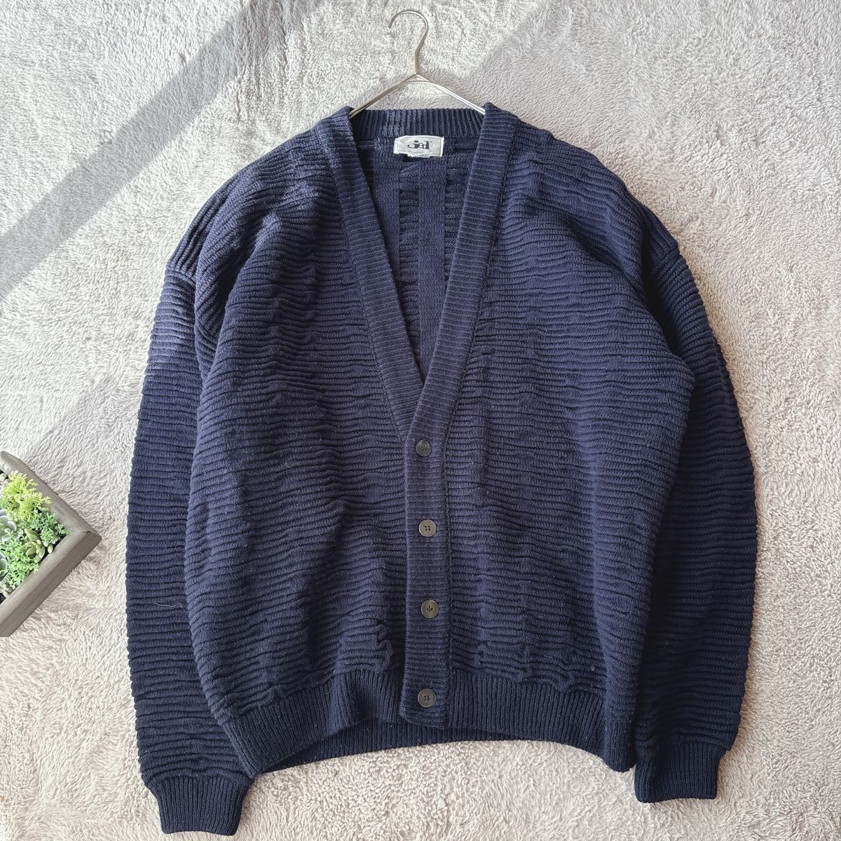 美品(L)ウール混/ニットカーディガン/長袖セーター/厚手/ネイビー/Vネック