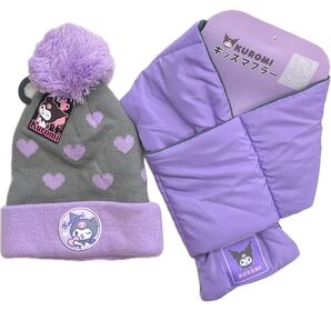 7r468 新品 クロミ キッズマフラー ニット帽 2点セット パープル ハート