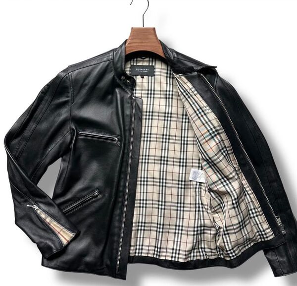 未使用級 バーバリーブラックレーベル ライダース メガチェック 羊革 L 黒 BURBERRY ラムレザー