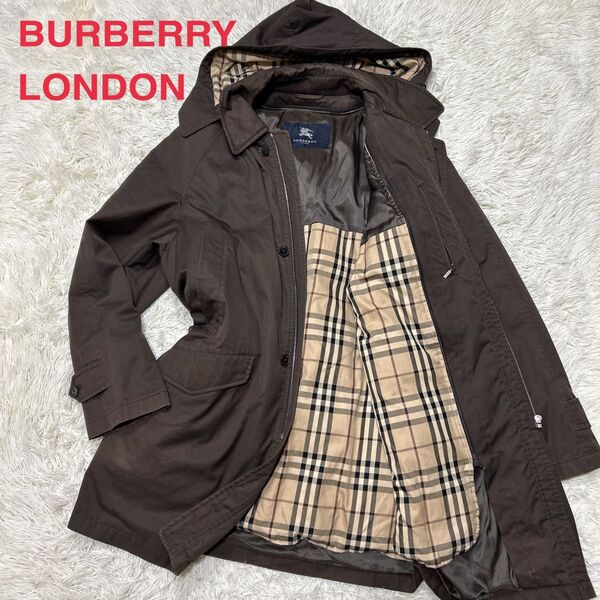 BURBERRY LONDON バーバリー ステンカラーコート ダウンライナー フード付き ノバチェック Lサイズ ブラウン
