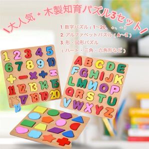 3点セット パズル アルファベット 数字 形はめ おもちゃ 子供 幼児 知育玩具 木製 英語 木製パズル 数字パズル 図形 2歳