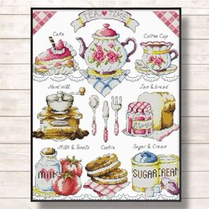 刺繍作成キット ティータイム ピンク クロスステッチ 14カウント 図面あり