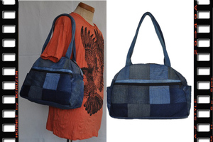 V up cycle Denim bag DB-10th59 half moon bag used remake .. connection . jeans half jpy 