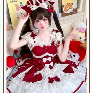 ロリータワンピース ドレス レッド ホワイト リボン レース うさ耳カチューシャセット