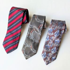 【超お買い得!◎貴重デザイン】ネクタイ 3本 個性的なデザイン 赤青ストライプ マルーン木の葉柄 シルバー羽根模様