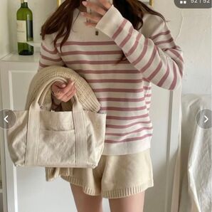 【and Me】ガーター編みボートネック長袖ボーダーニット