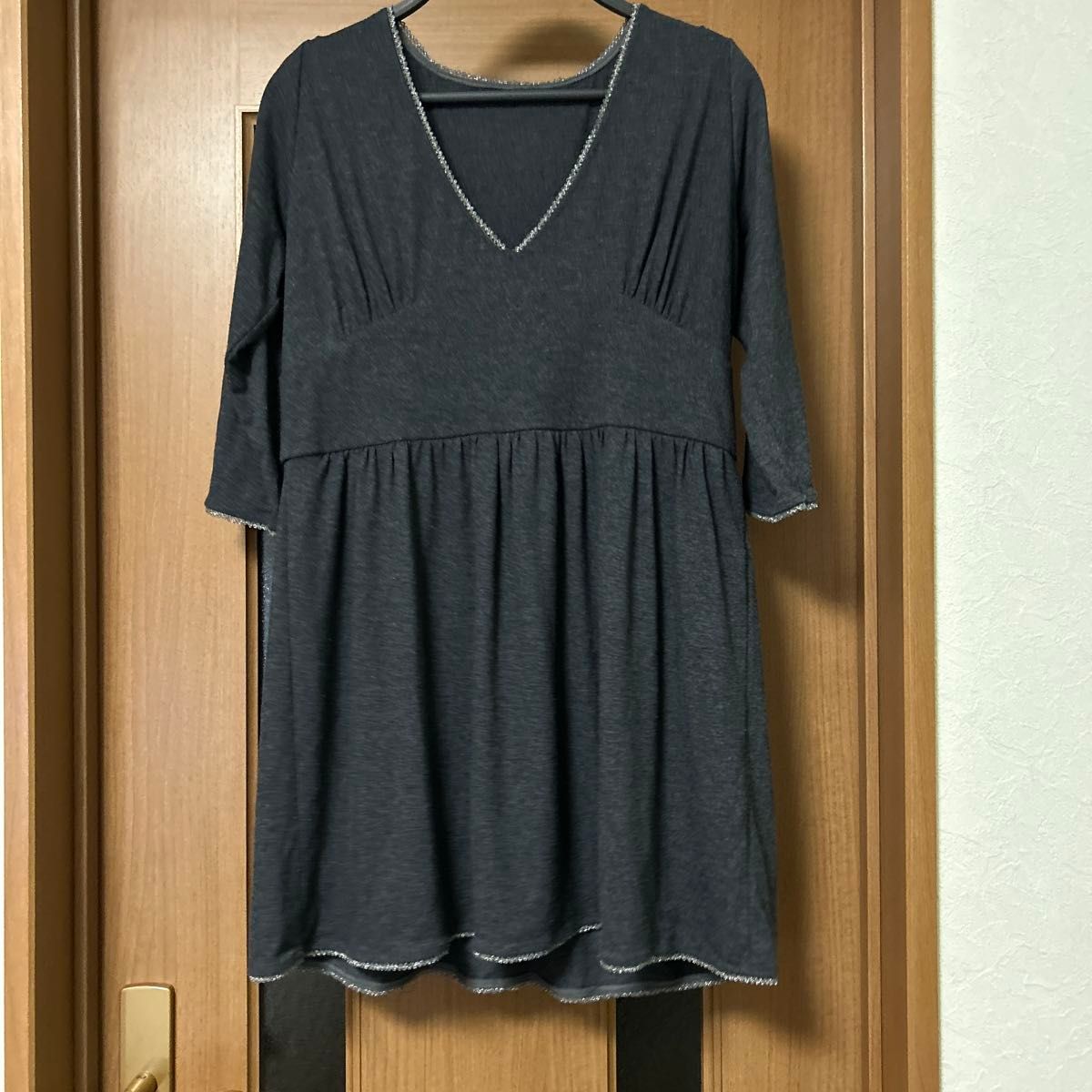 チュニック ワンピース Vネック 七分袖 グレー