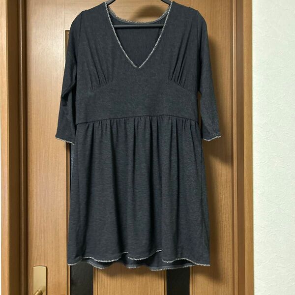 チュニック ワンピース Vネック 七分袖 グレー