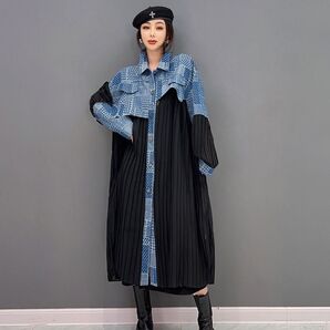 デニムワンピ レディース シャツワンピ 切替ランダムプリーツシャツLCFA003