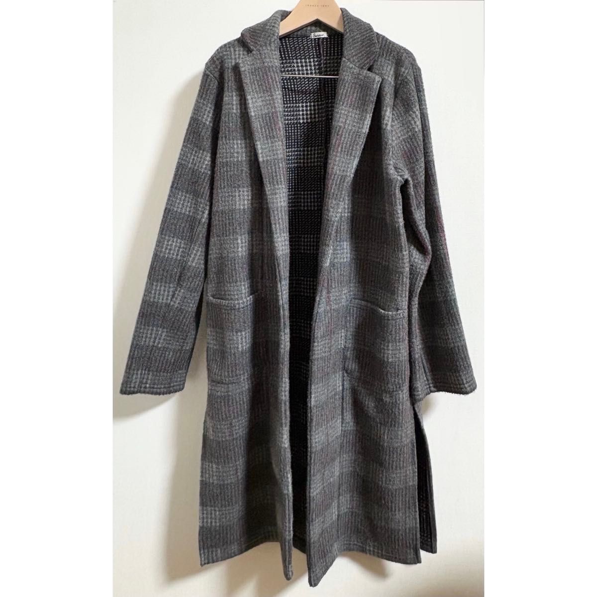 チェック柄　チェスターコート　グレー　レディース　ロングコート　襟付き　ジャケット　スリット　ポケット　カジュアル