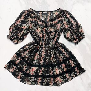 レストローズ姫ロリ花柄チュニック フリル ロリータ 薔薇柄 アンティーク