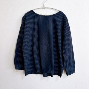 【 クラウドナイン 】 ネイビー ストライプ ノーカラー トップス コットン