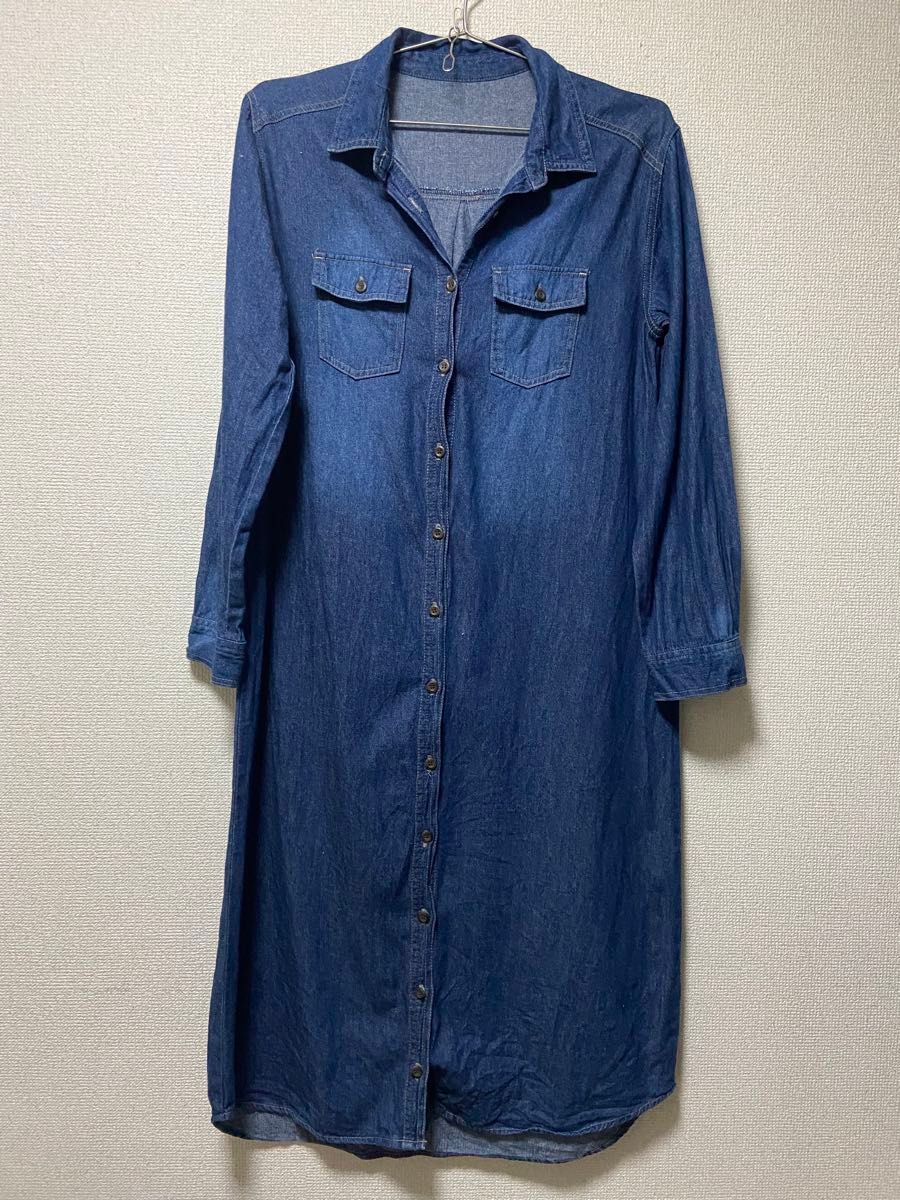 デニムシャツワンピース ロング丈 長袖 ブルー系 カジュアル