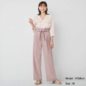 新品タグ付き●GUベルトタックストレートパンツパープルSサイズ脚長Iラインシルエットストレートパンツウェストゴムジーユー