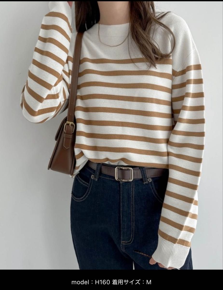andme ニット セーター ガーター編みボートネック長袖ボーダーニット レディース Mサイズ