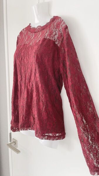 中古 総レーストップス ワインレッド 赤 Mサイズ シアースリーブ レーススリーブ 秋 ブラウス レースカットソー