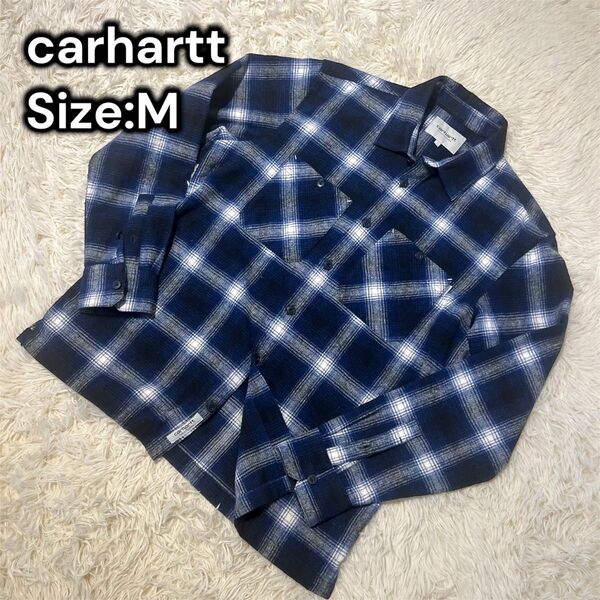 最終価格 美品 carharttウール混 オンブレチェックシャツ 厚手ネルシャツ長袖シャツ 青 ブルー オンブレチェック M