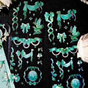 海外シール リボン お姫様 シール 2シート グリーン コラージュ素材 デコ 豪華 キラキラ 宝石