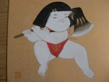 鋗銘 日本画 千鳥のノブに似た細密タッチ「金太郎」色紙画*A-1413_画像1