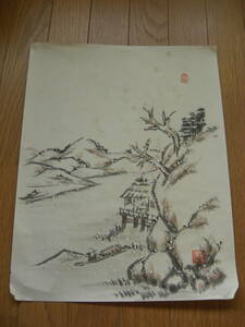 【旧家解体 掘り出し品】 古画 柏翁銘「山水」肉筆水墨画（古筆 古美術 書画 茶掛 まくり) *Ａ-1385