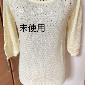 新品タグ付きプライムパターンニット7分袖真珠ラメ入りM