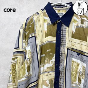 core コア 総柄 長袖シャツ ネイビー切替 ヴィンテージ調デザイン 古着 奇抜 レトロ 柄シャツ ポリシャツ XL メンズ