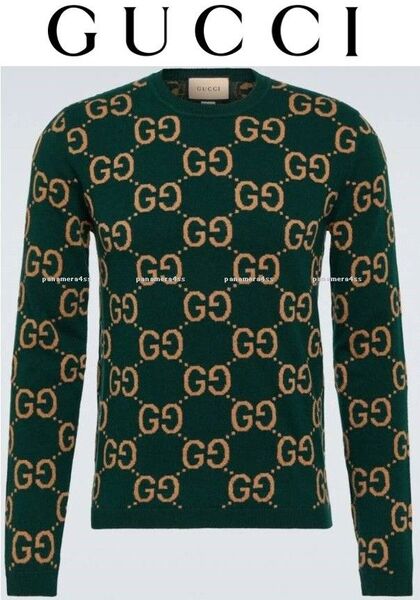 【新品正規品】GUCCI GGジャカード GGモノグラム柄 クルーネックセーター ウールニット グリーン ×キャメル /XSサイズ