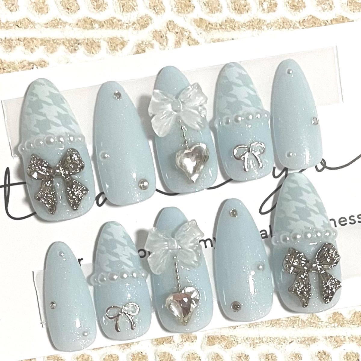 ネイルチップ現品量産系フレンチガーリースナ系千鳥柄青ブルー水色ワンホン白リボン韓国ちゅるんスキニーオーバルアーモンド