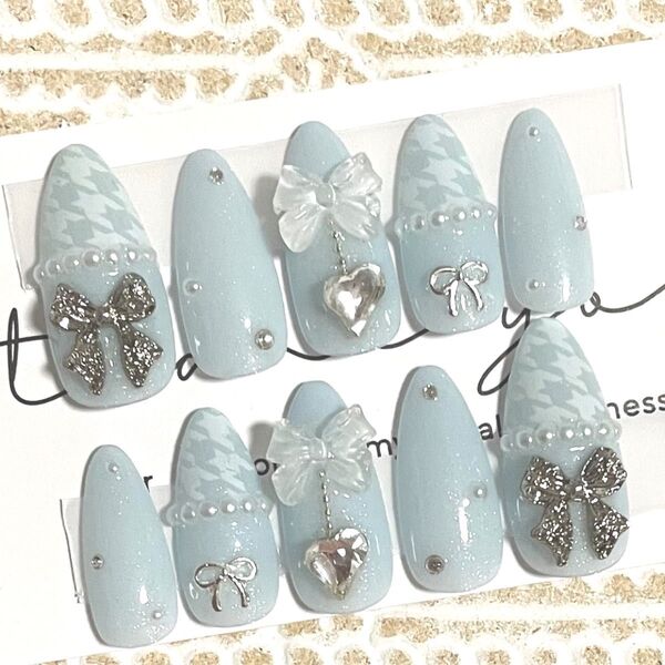 ネイルチップ現品量産系フレンチガーリースナ系千鳥柄青ブルー水色ワンホン白リボン韓国ちゅるんスキニーオーバルアーモンド