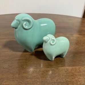 薬師窯 羊 置物 青磁 2個セット オブジェ 干支置物 陶器